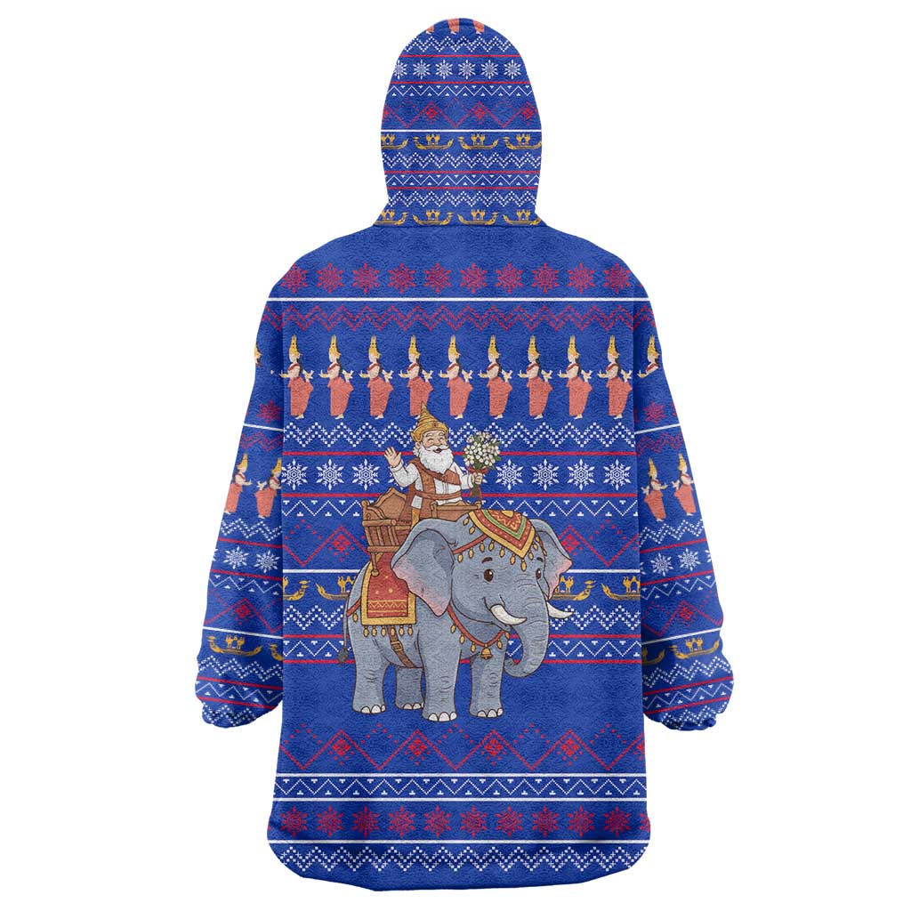 Cambodia Christmas Wearable Blanket Hoodie with Santa in Traditional Outfit Elephant Dancers and Snowflake Pattern - Wonder Print Shop