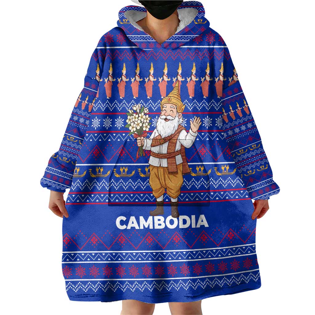 Cambodia Christmas Wearable Blanket Hoodie with Santa in Traditional Outfit Elephant Dancers and Snowflake Pattern - Wonder Print Shop