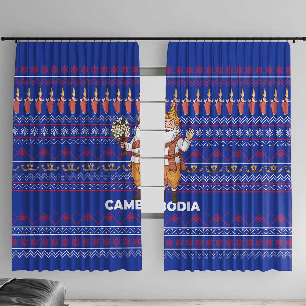 Cambodia Christmas Window Curtain with Santa in Traditional Outfit Elephant Dancers and Snowflake Pattern - Wonder Print Shop