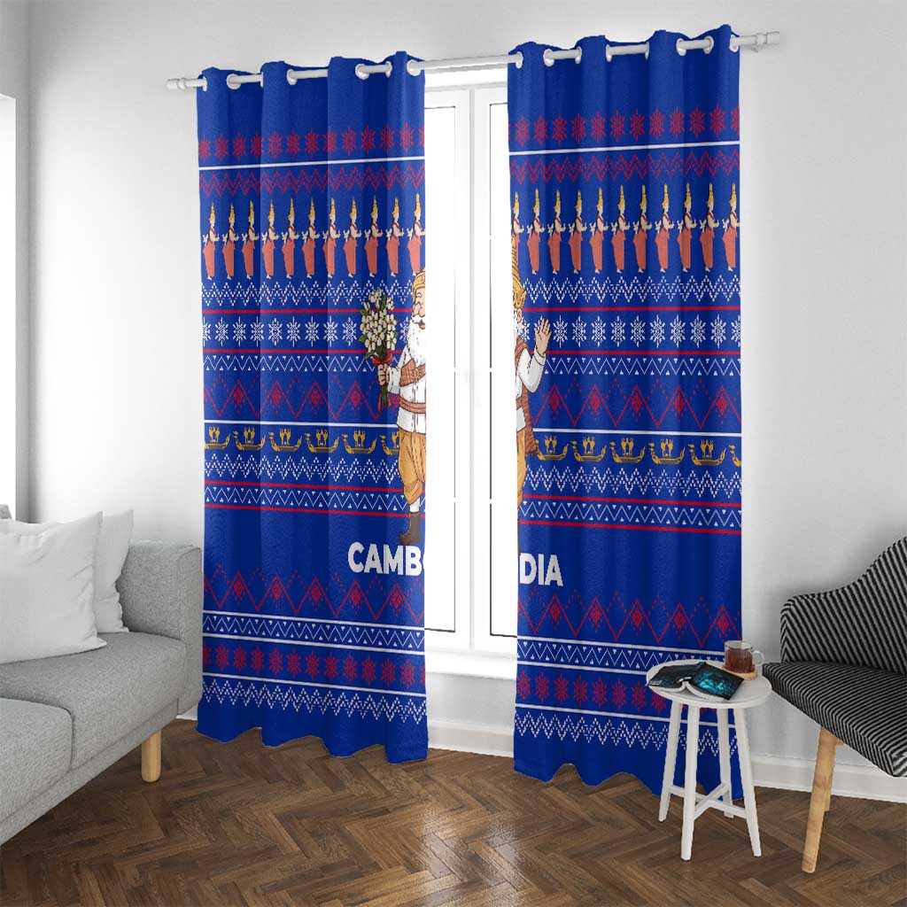 Cambodia Christmas Window Curtain with Santa in Traditional Outfit Elephant Dancers and Snowflake Pattern - Wonder Print Shop
