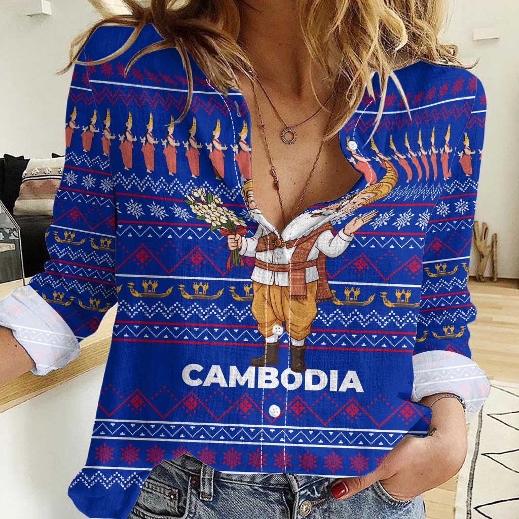 Cambodia Christmas Women Casual Shirt with Santa in Traditional Outfit Elephant Dancers and Snowflake Pattern - Wonder Print Shop