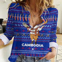 Cambodia Christmas Women Casual Shirt with Santa in Traditional Outfit Elephant Dancers and Snowflake Pattern - Wonder Print Shop