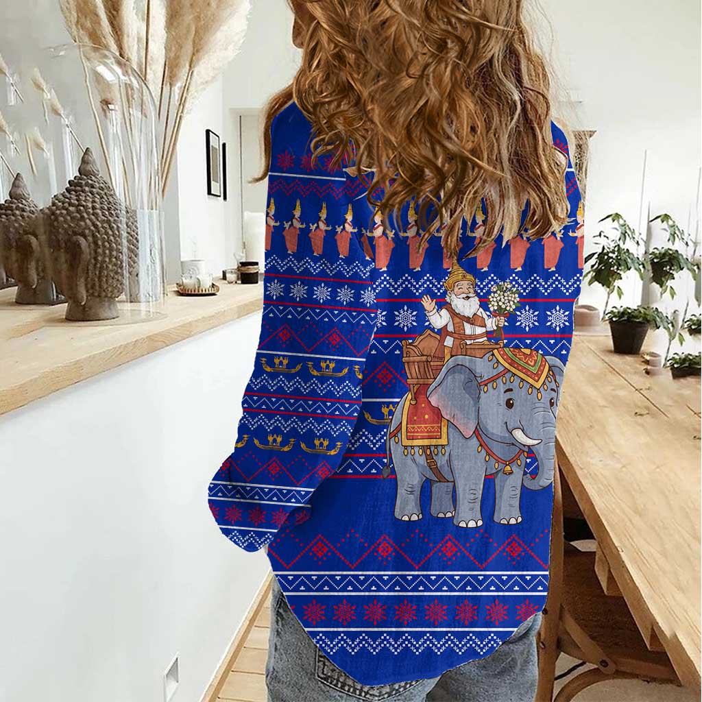 Cambodia Christmas Women Casual Shirt with Santa in Traditional Outfit Elephant Dancers and Snowflake Pattern - Wonder Print Shop