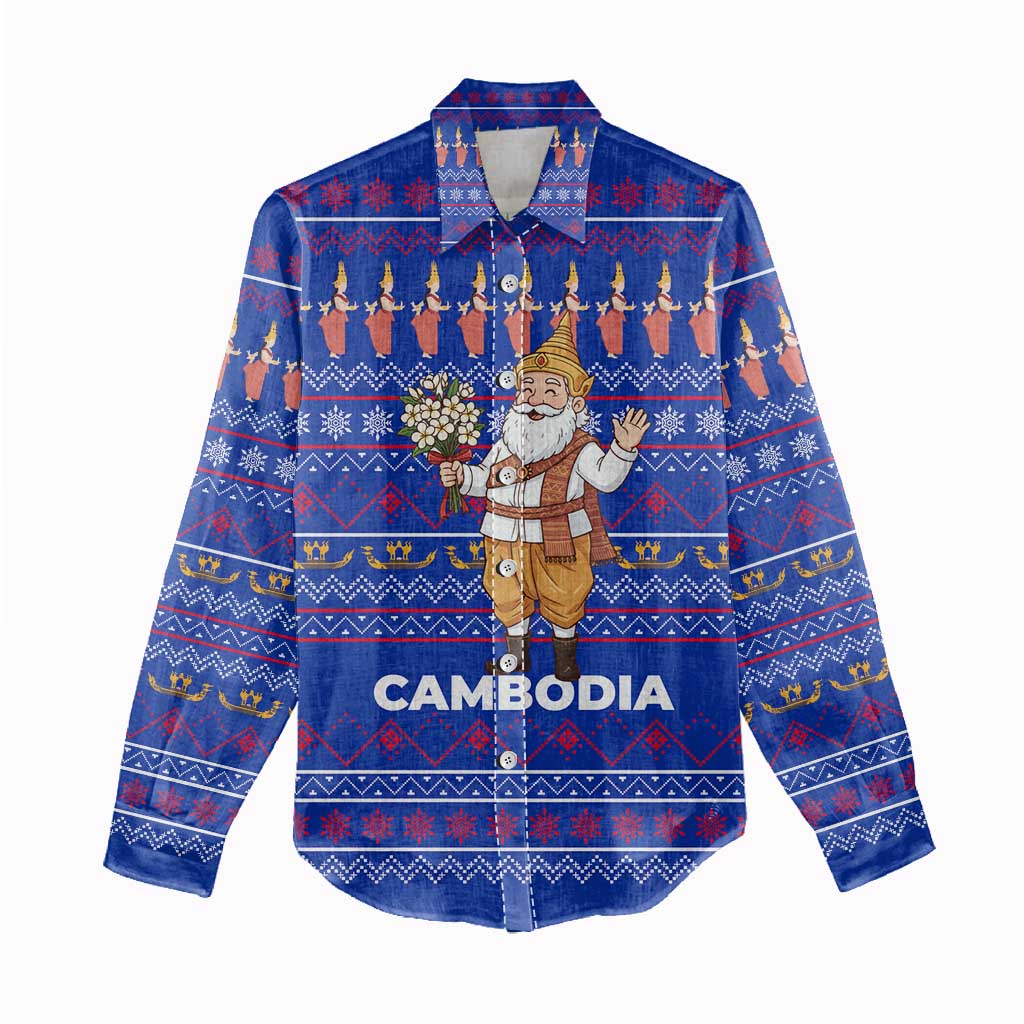 Cambodia Christmas Women Casual Shirt with Santa in Traditional Outfit Elephant Dancers and Snowflake Pattern - Wonder Print Shop