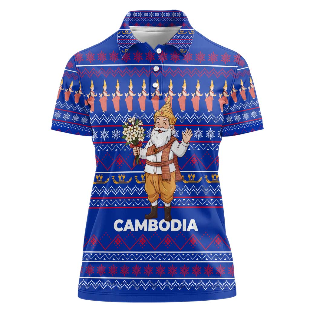 Cambodia Christmas Women Polo Shirt with Santa in Traditional Outfit Elephant Dancers and Snowflake Pattern - Wonder Print Shop