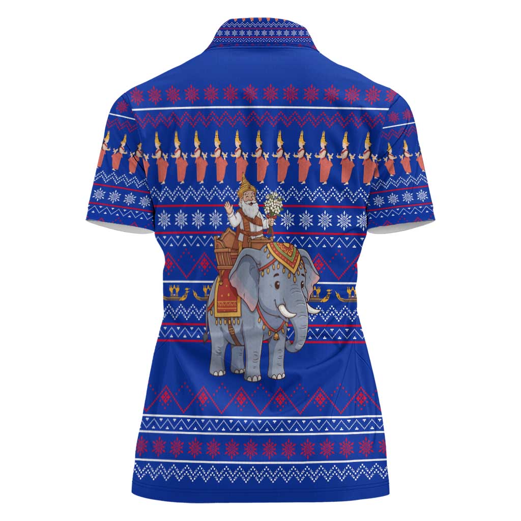 Cambodia Christmas Women Polo Shirt with Santa in Traditional Outfit Elephant Dancers and Snowflake Pattern - Wonder Print Shop