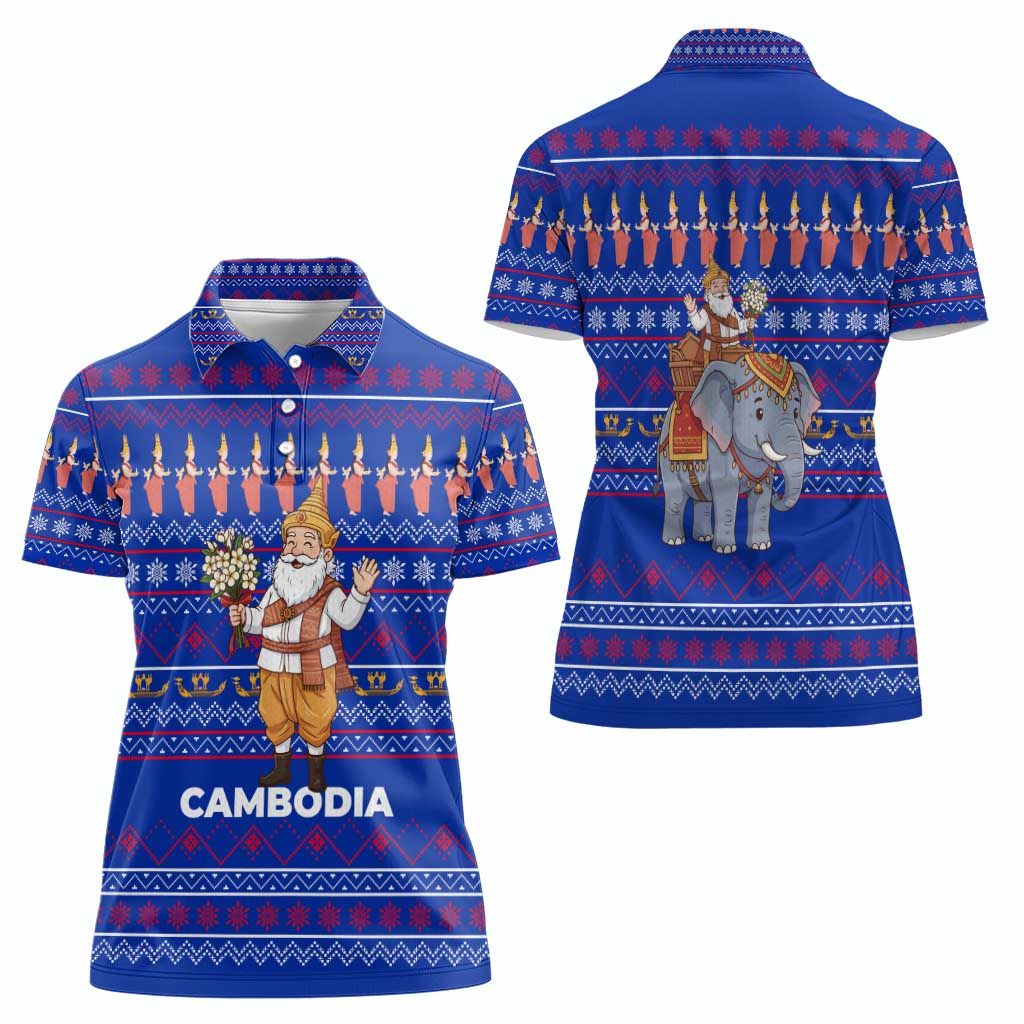 Cambodia Christmas Women Polo Shirt with Santa in Traditional Outfit Elephant Dancers and Snowflake Pattern - Wonder Print Shop
