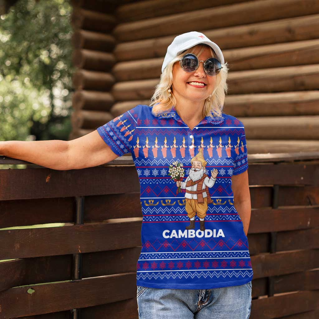 Cambodia Christmas Women Polo Shirt with Santa in Traditional Outfit Elephant Dancers and Snowflake Pattern - Wonder Print Shop