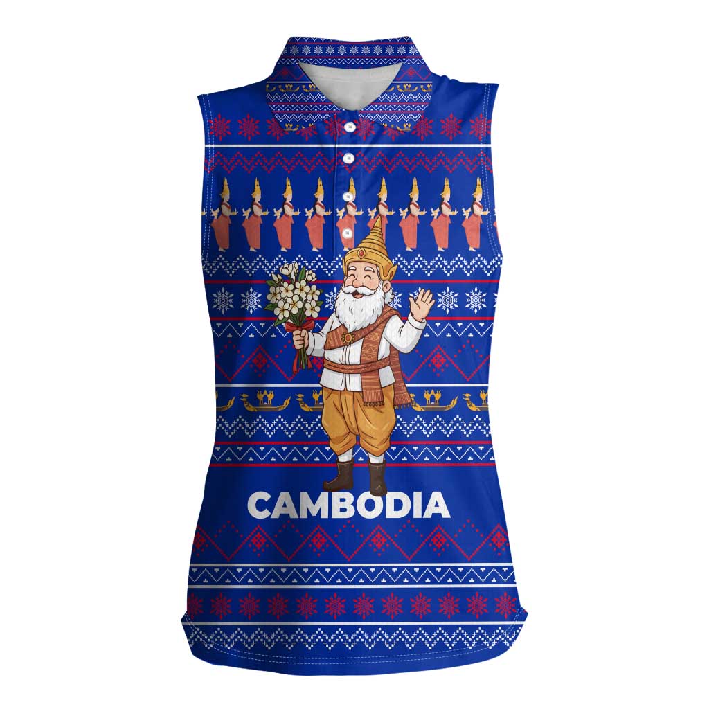 Cambodia Christmas Women Sleeveless Polo Shirt with Santa in Traditional Outfit Elephant Dancers and Snowflake Pattern - Wonder Print Shop