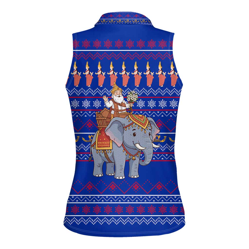 Cambodia Christmas Women Sleeveless Polo Shirt with Santa in Traditional Outfit Elephant Dancers and Snowflake Pattern - Wonder Print Shop