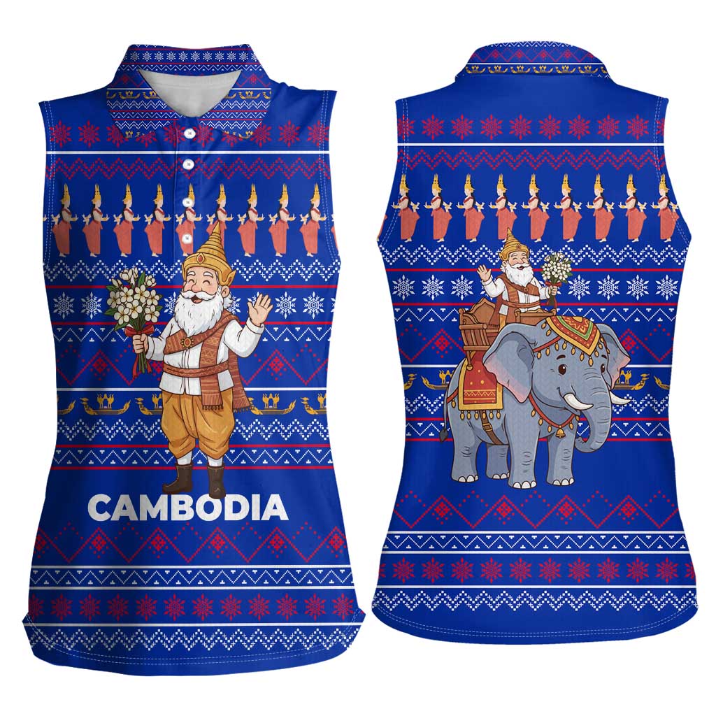Cambodia Christmas Women Sleeveless Polo Shirt with Santa in Traditional Outfit Elephant Dancers and Snowflake Pattern - Wonder Print Shop