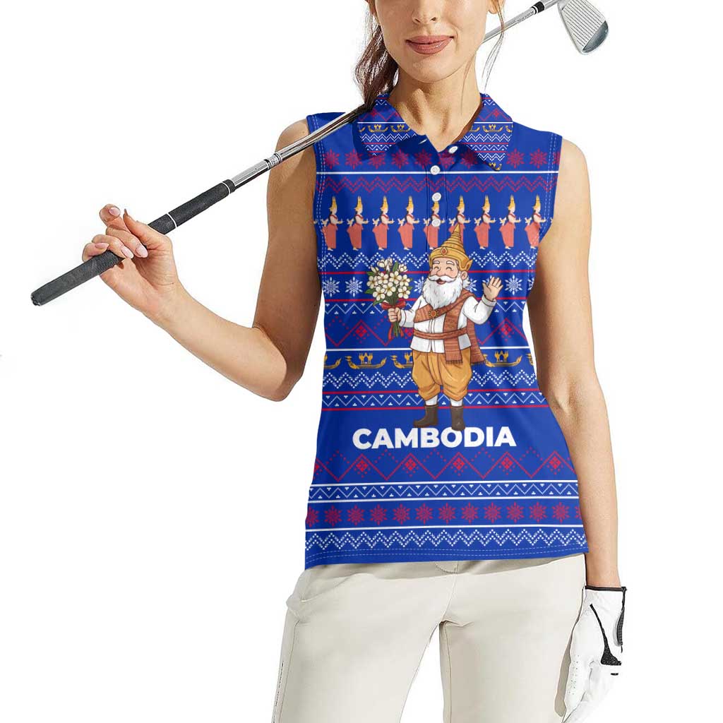 Cambodia Christmas Women Sleeveless Polo Shirt with Santa in Traditional Outfit Elephant Dancers and Snowflake Pattern - Wonder Print Shop