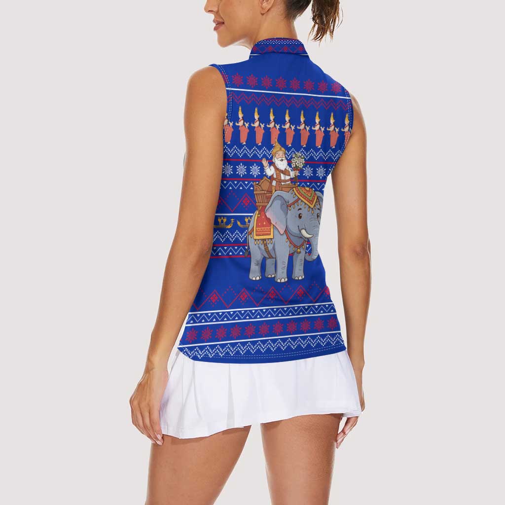 Cambodia Christmas Women Sleeveless Polo Shirt with Santa in Traditional Outfit Elephant Dancers and Snowflake Pattern - Wonder Print Shop