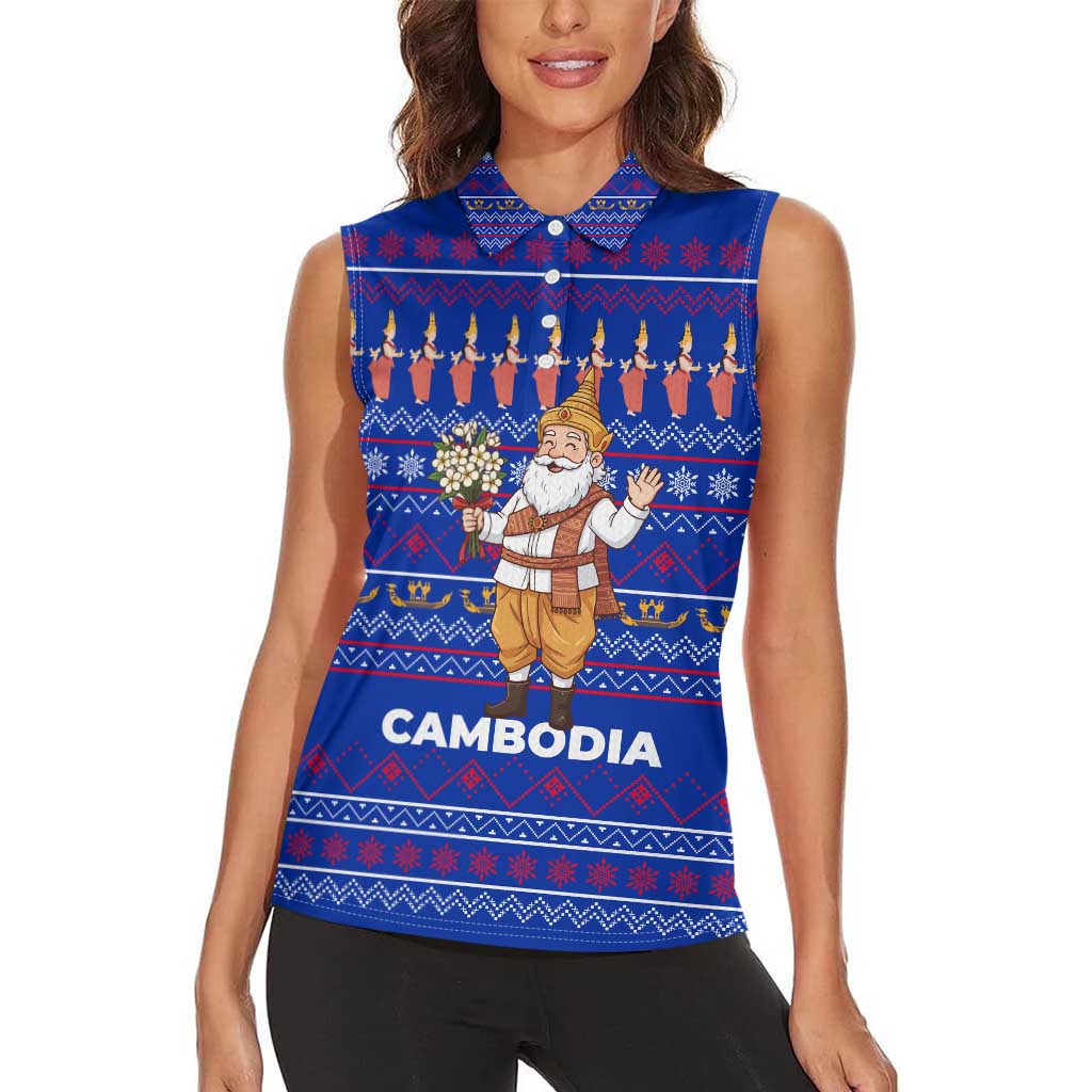 Cambodia Christmas Women Sleeveless Polo Shirt with Santa in Traditional Outfit Elephant Dancers and Snowflake Pattern - Wonder Print Shop
