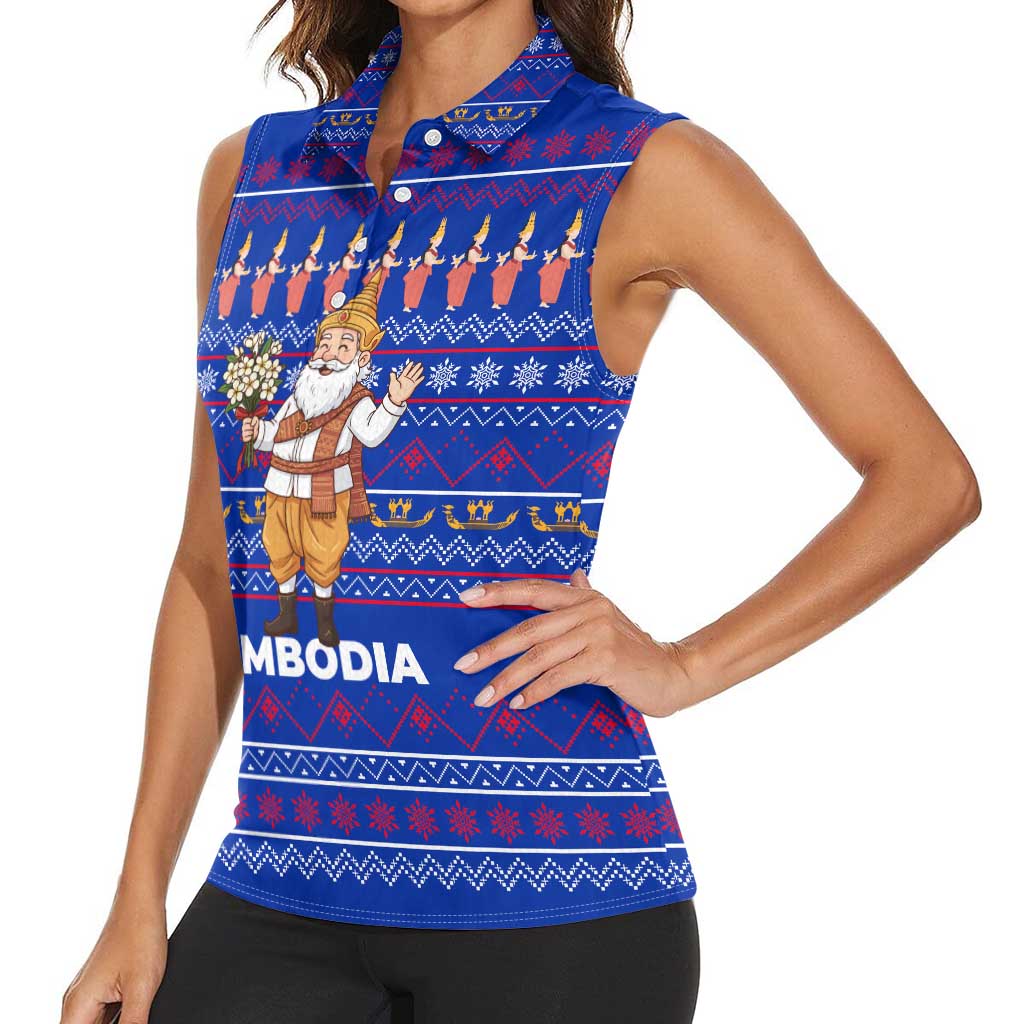 Cambodia Christmas Women Sleeveless Polo Shirt with Santa in Traditional Outfit Elephant Dancers and Snowflake Pattern - Wonder Print Shop