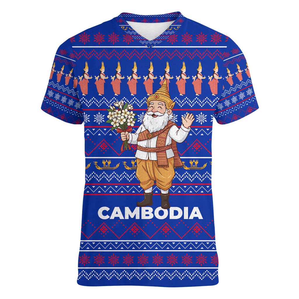 Cambodia Christmas Women V-Neck T-Shirt with Santa in Traditional Outfit Elephant Dancers and Snowflake Pattern - Wonder Print Shop