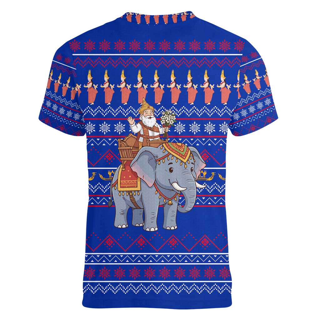 Cambodia Christmas Women V-Neck T-Shirt with Santa in Traditional Outfit Elephant Dancers and Snowflake Pattern - Wonder Print Shop