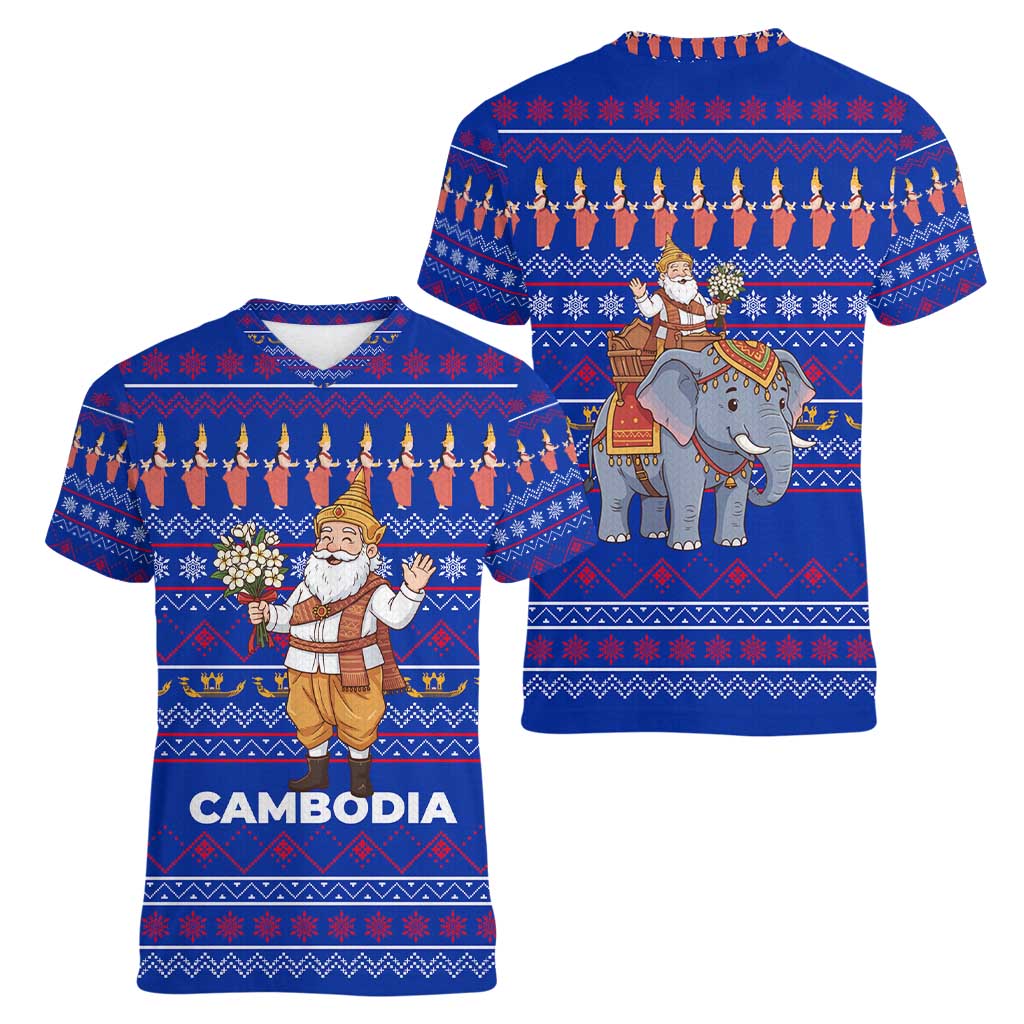 Cambodia Christmas Women V-Neck T-Shirt with Santa in Traditional Outfit Elephant Dancers and Snowflake Pattern - Wonder Print Shop