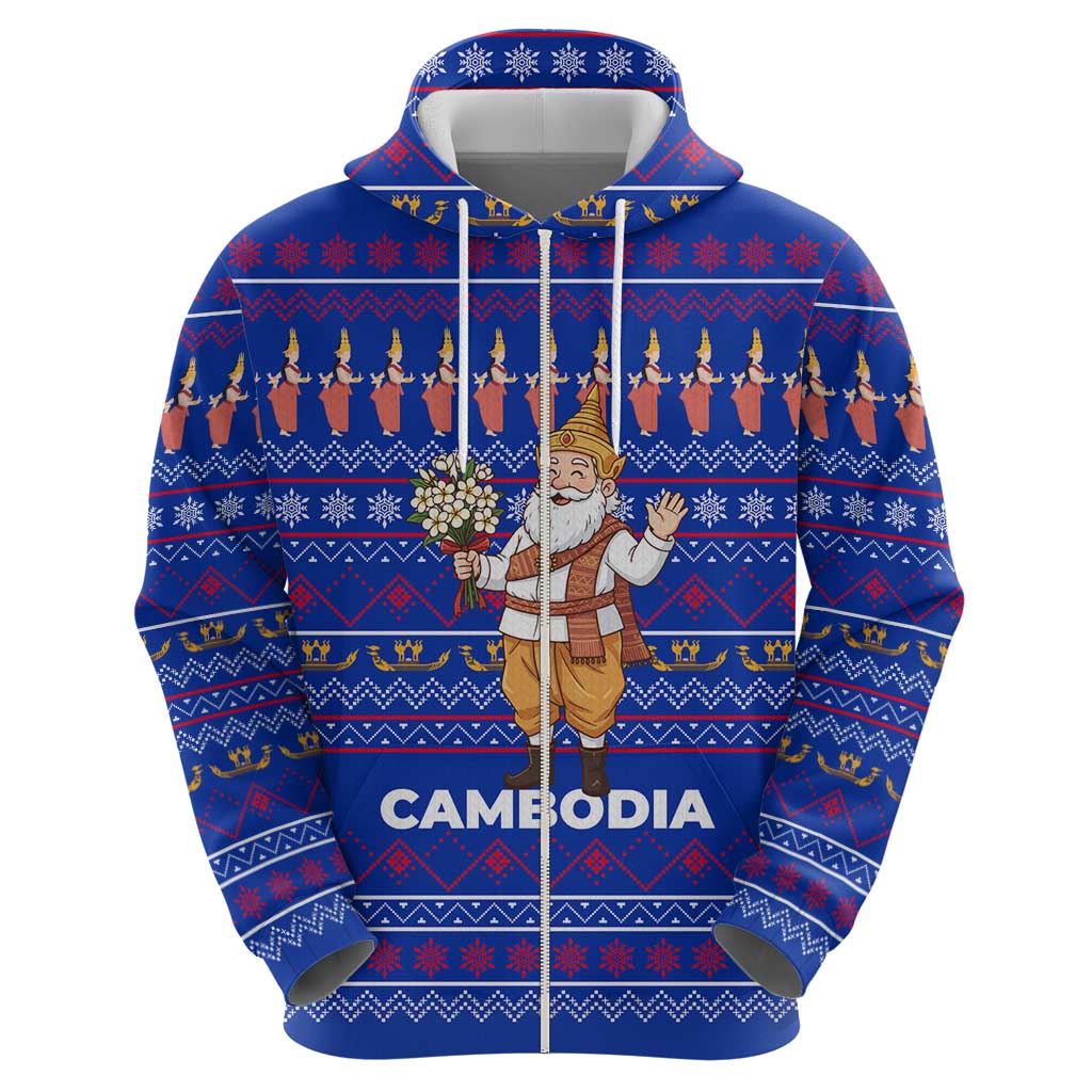 Cambodia Christmas Zip Hoodie with Santa in Traditional Outfit Elephant Dancers and Snowflake Pattern - Wonder Print Shop