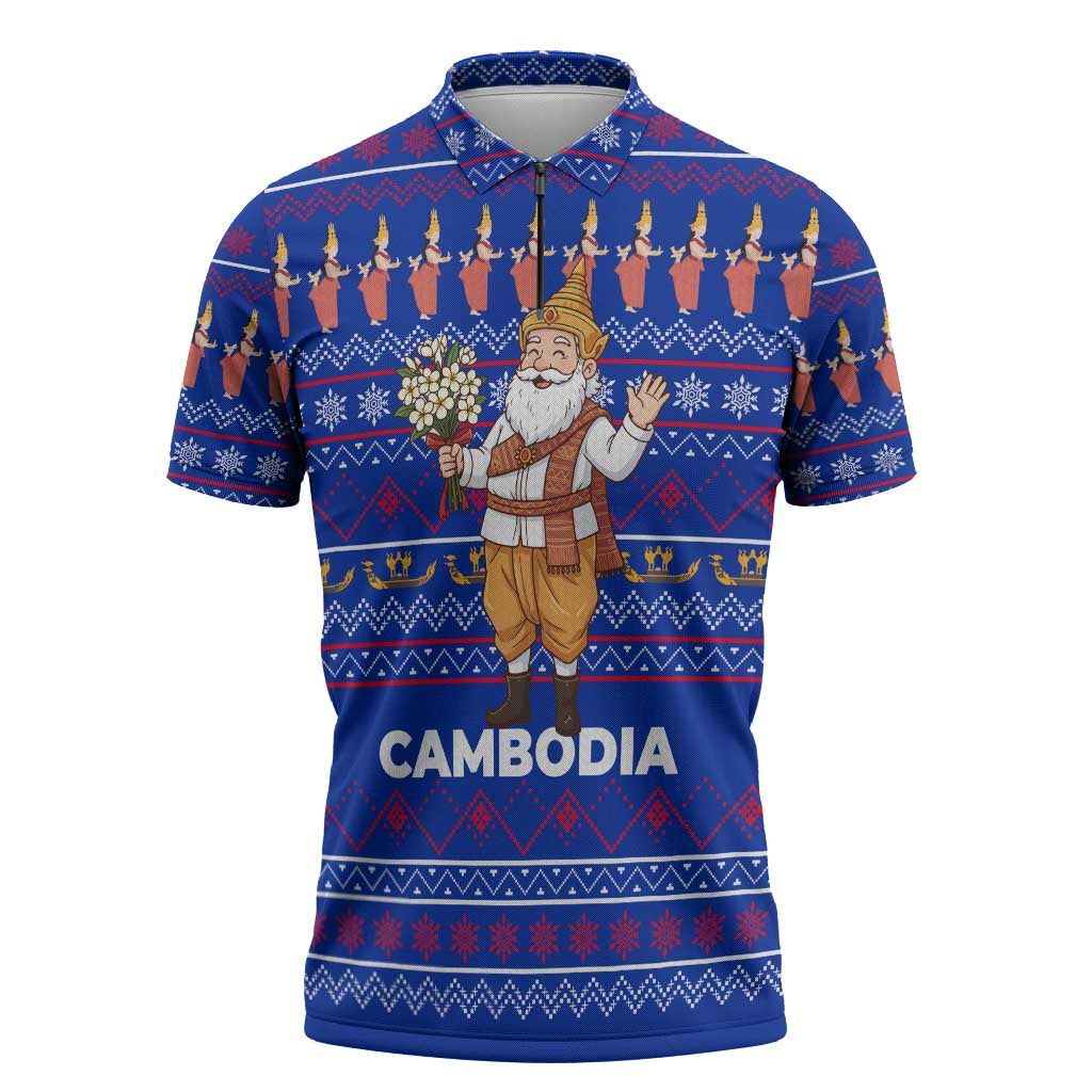 Cambodia Christmas Zipper Polo Shirt with Santa in Traditional Outfit Elephant Dancers and Snowflake Pattern - Wonder Print Shop