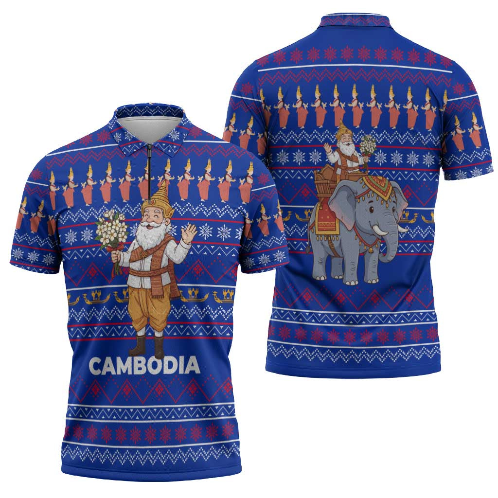 Cambodia Christmas Zipper Polo Shirt with Santa in Traditional Outfit Elephant Dancers and Snowflake Pattern - Wonder Print Shop