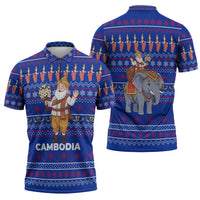 Cambodia Christmas Zipper Polo Shirt with Santa in Traditional Outfit Elephant Dancers and Snowflake Pattern - Wonder Print Shop