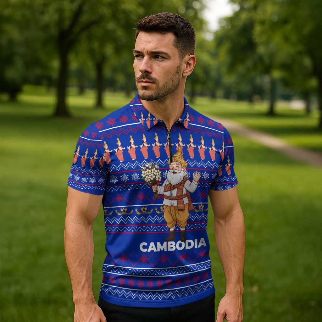 Cambodia Christmas Zipper Polo Shirt with Santa in Traditional Outfit Elephant Dancers and Snowflake Pattern - Wonder Print Shop