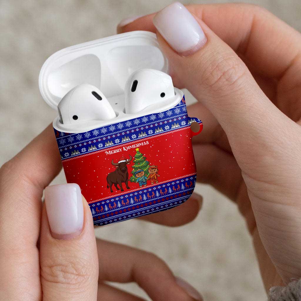 Cambodia Christmas AirPods Case with Buffalo Children Holiday Tree Snowflakes and Khmer Pattern Design - Wonder Print Shop