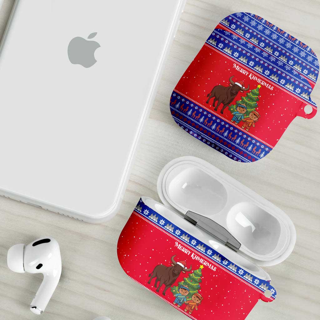 Cambodia Christmas AirPods Case with Buffalo Children Holiday Tree Snowflakes and Khmer Pattern Design - Wonder Print Shop