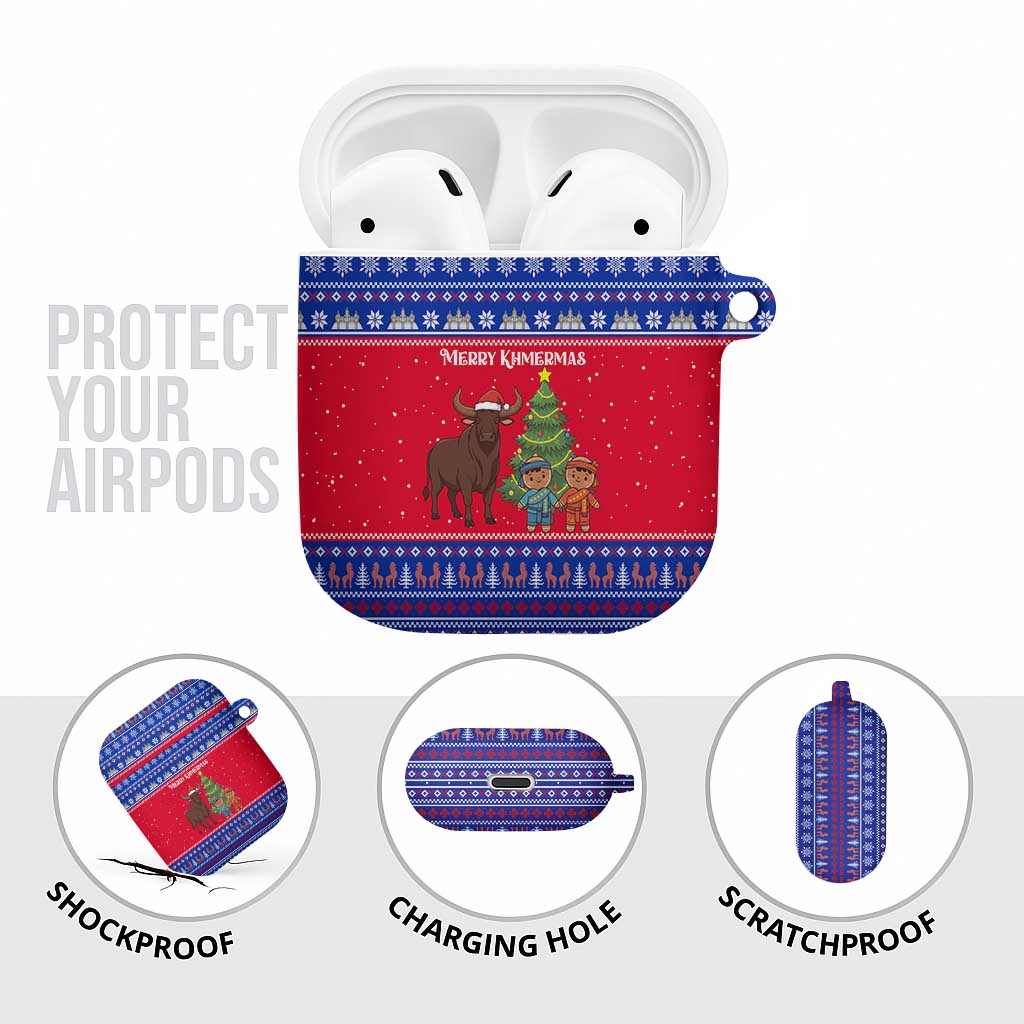 Cambodia Christmas AirPods Case with Buffalo Children Holiday Tree Snowflakes and Khmer Pattern Design - Wonder Print Shop