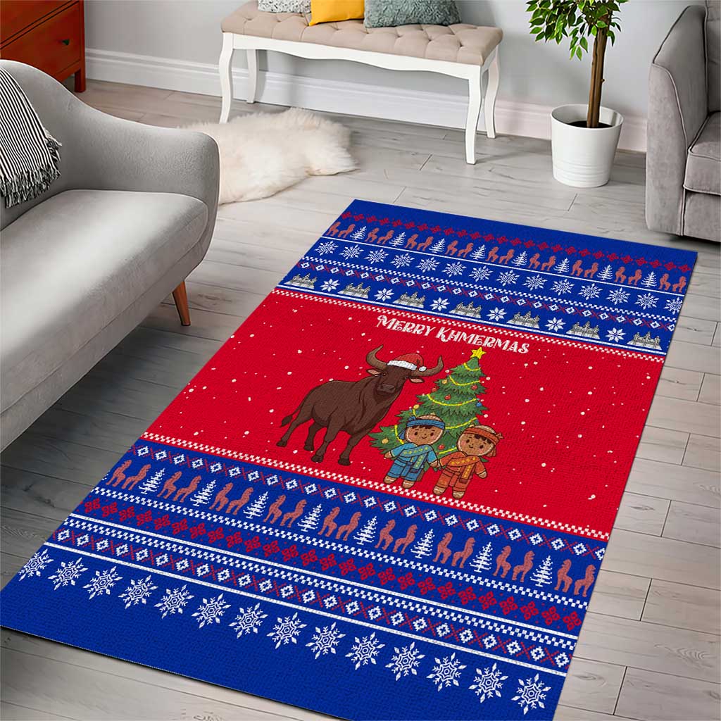 Cambodia Christmas Area Rug with Buffalo Children Holiday Tree Snowflakes and Khmer Pattern Design - Wonder Print Shop
