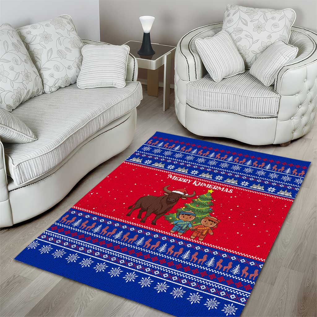 Cambodia Christmas Area Rug with Buffalo Children Holiday Tree Snowflakes and Khmer Pattern Design - Wonder Print Shop