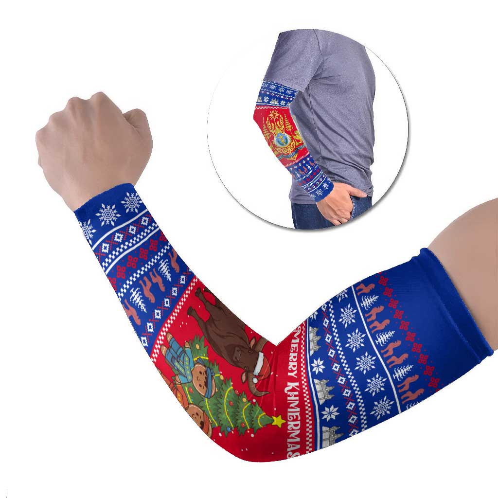 Cambodia Christmas Arm Sleeves with Buffalo Children Holiday Tree Snowflakes and Khmer Pattern Design - Wonder Print Shop