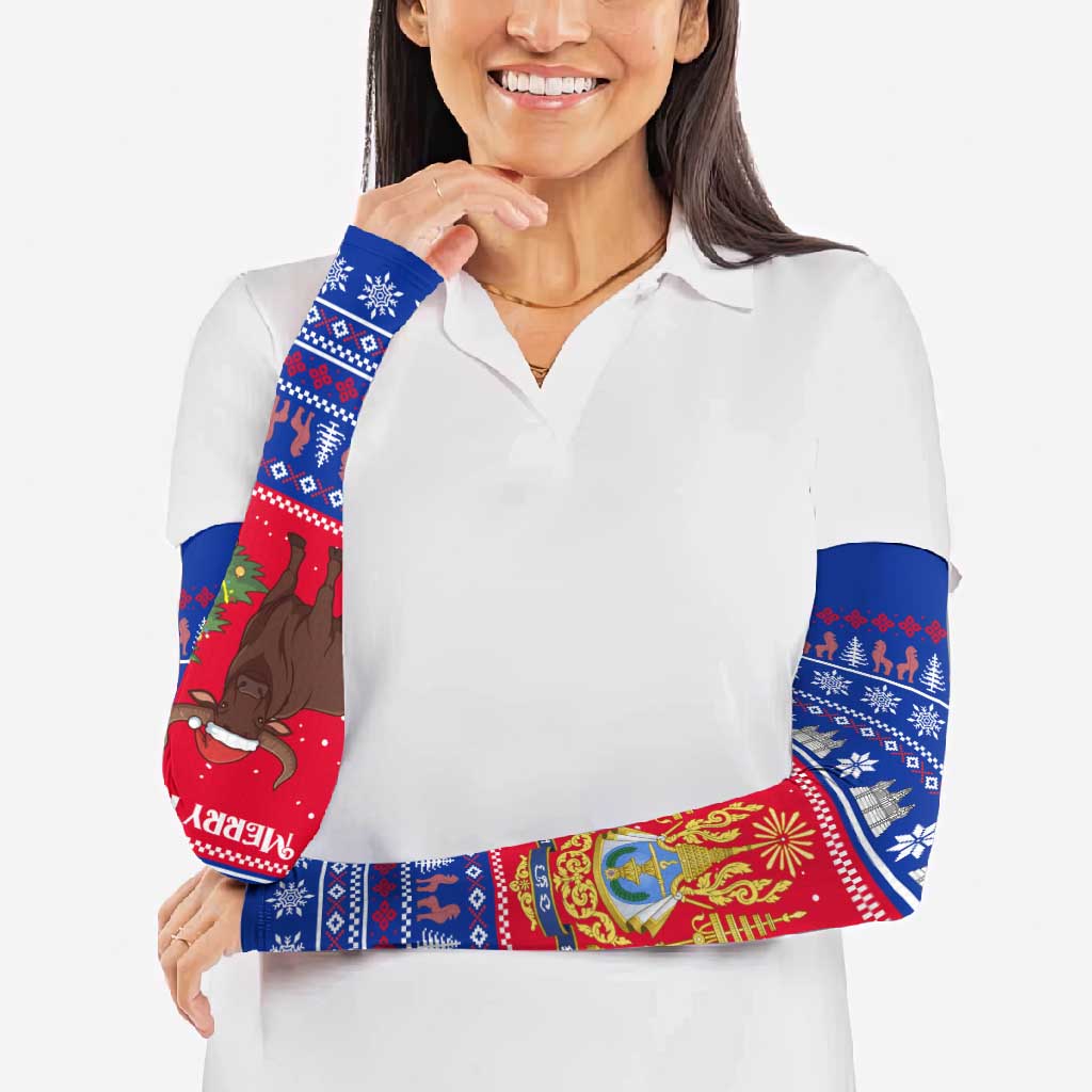 Cambodia Christmas Arm Sleeves with Buffalo Children Holiday Tree Snowflakes and Khmer Pattern Design - Wonder Print Shop