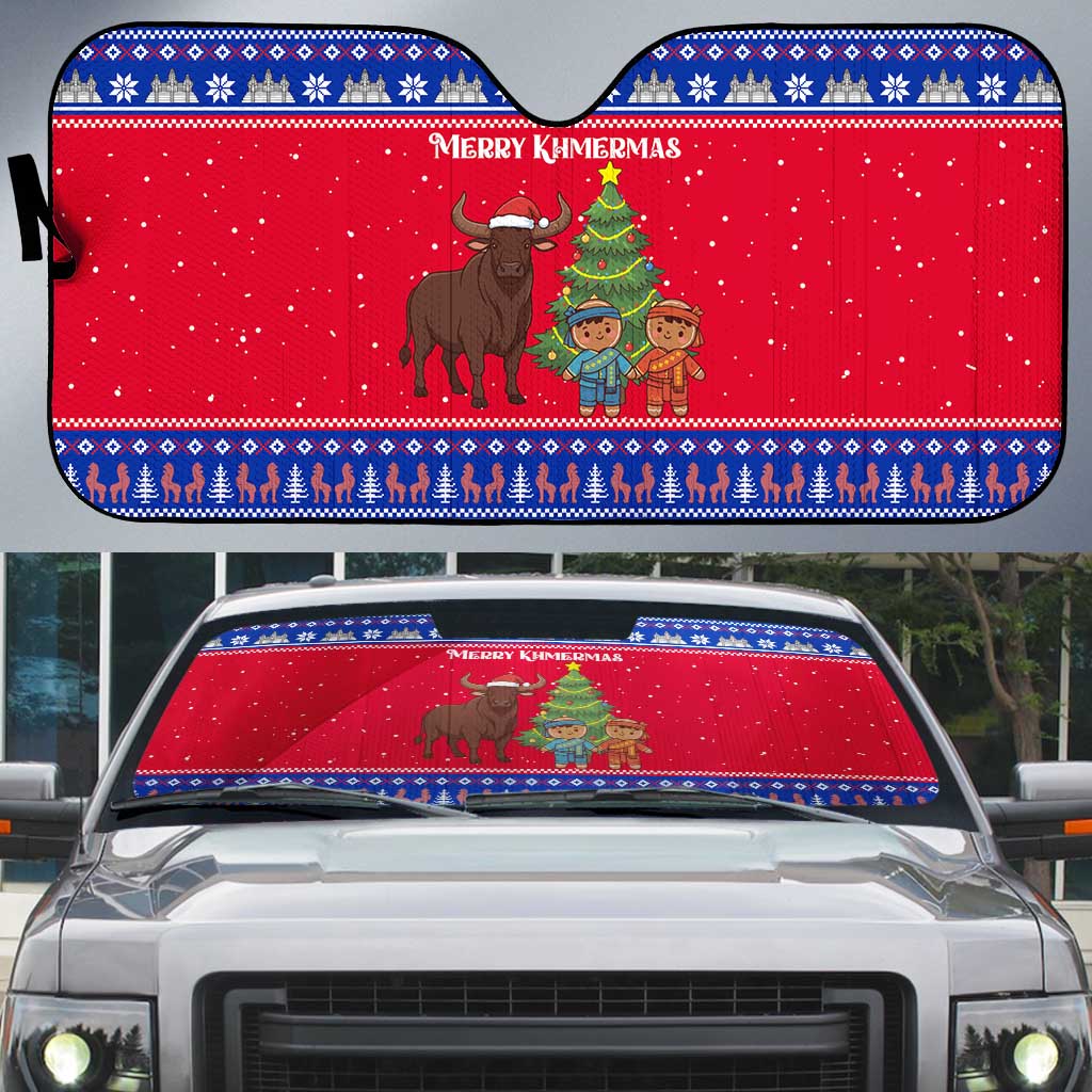 Cambodia Christmas Auto Sun Shade with Buffalo Children Holiday Tree Snowflakes and Khmer Pattern Design - Wonder Print Shop
