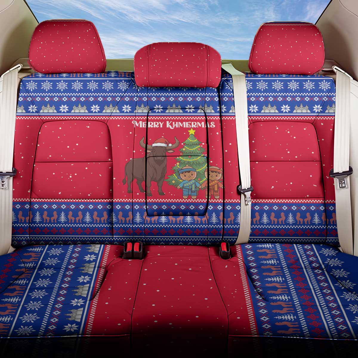 Cambodia Christmas Back Car Seat Cover with Buffalo Children Holiday Tree Snowflakes and Khmer Pattern Design - Wonder Print Shop