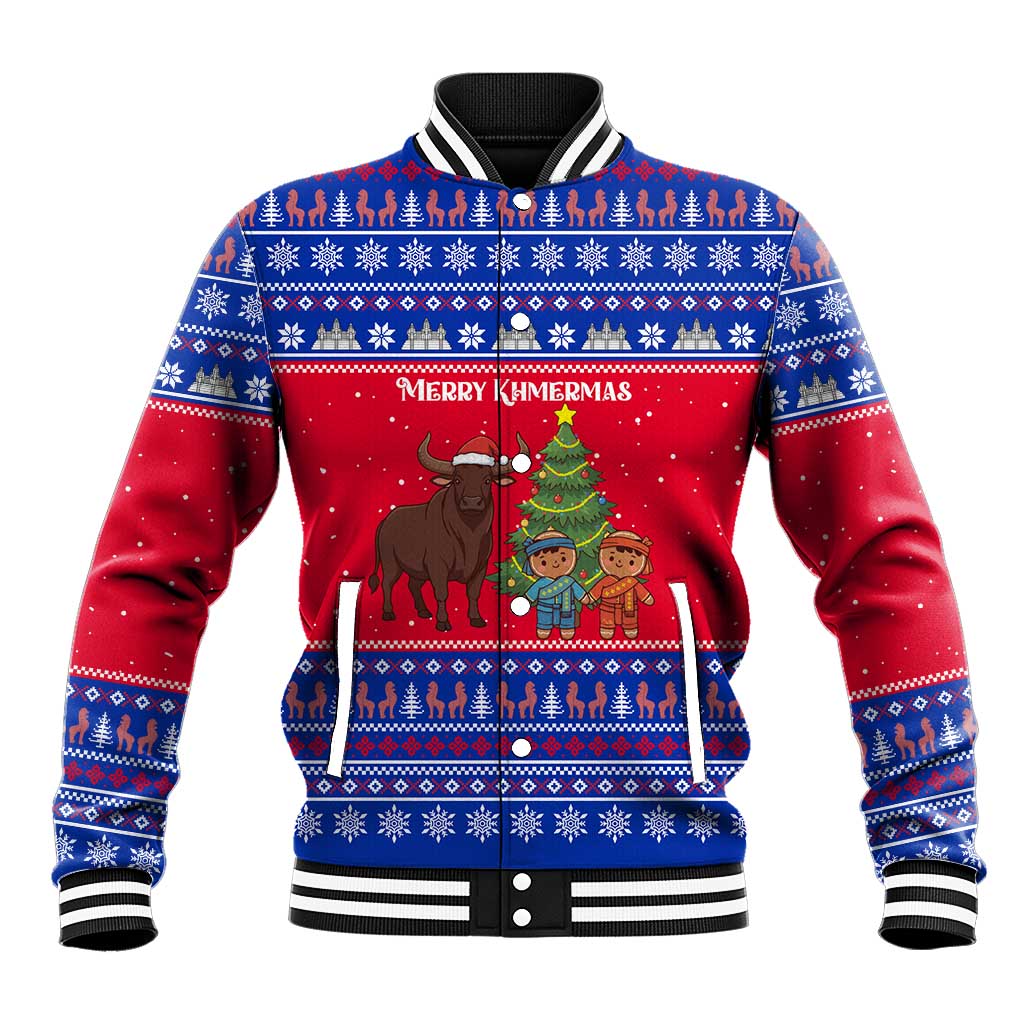 Cambodia Christmas Baseball Jacket with Buffalo Children Holiday Tree Snowflakes and Khmer Pattern Design - Wonder Print Shop