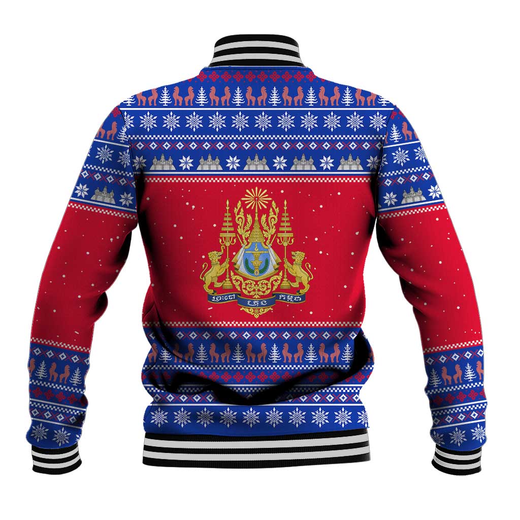 Cambodia Christmas Baseball Jacket with Buffalo Children Holiday Tree Snowflakes and Khmer Pattern Design - Wonder Print Shop