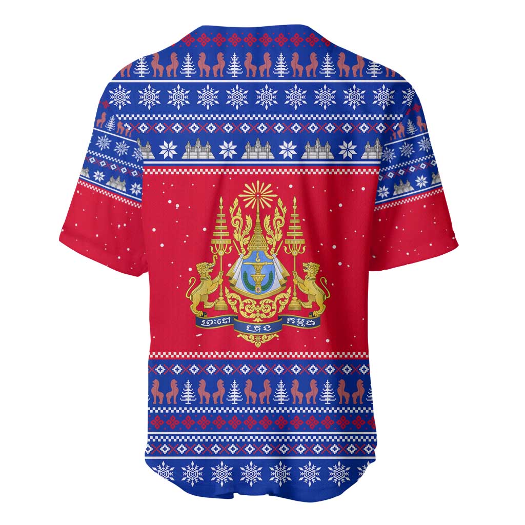 Cambodia Christmas Baseball Jersey with Buffalo Children Holiday Tree Snowflakes and Khmer Pattern Design - Wonder Print Shop