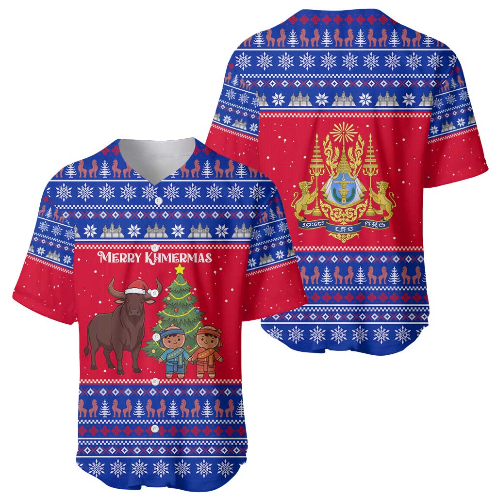 Cambodia Christmas Baseball Jersey with Buffalo Children Holiday Tree Snowflakes and Khmer Pattern Design - Wonder Print Shop