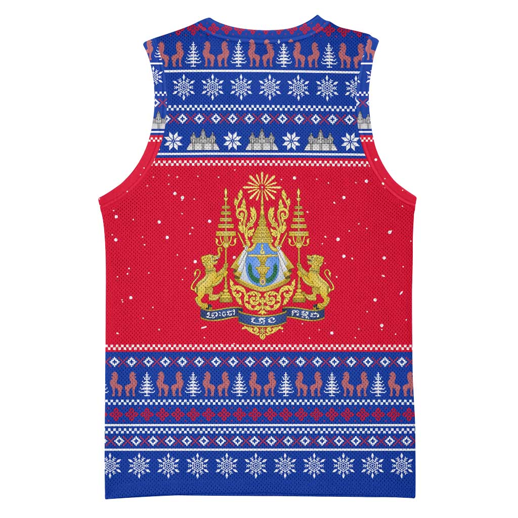 Cambodia Christmas Basketball Jersey with Buffalo Children Holiday Tree Snowflakes and Khmer Pattern Design - Wonder Print Shop