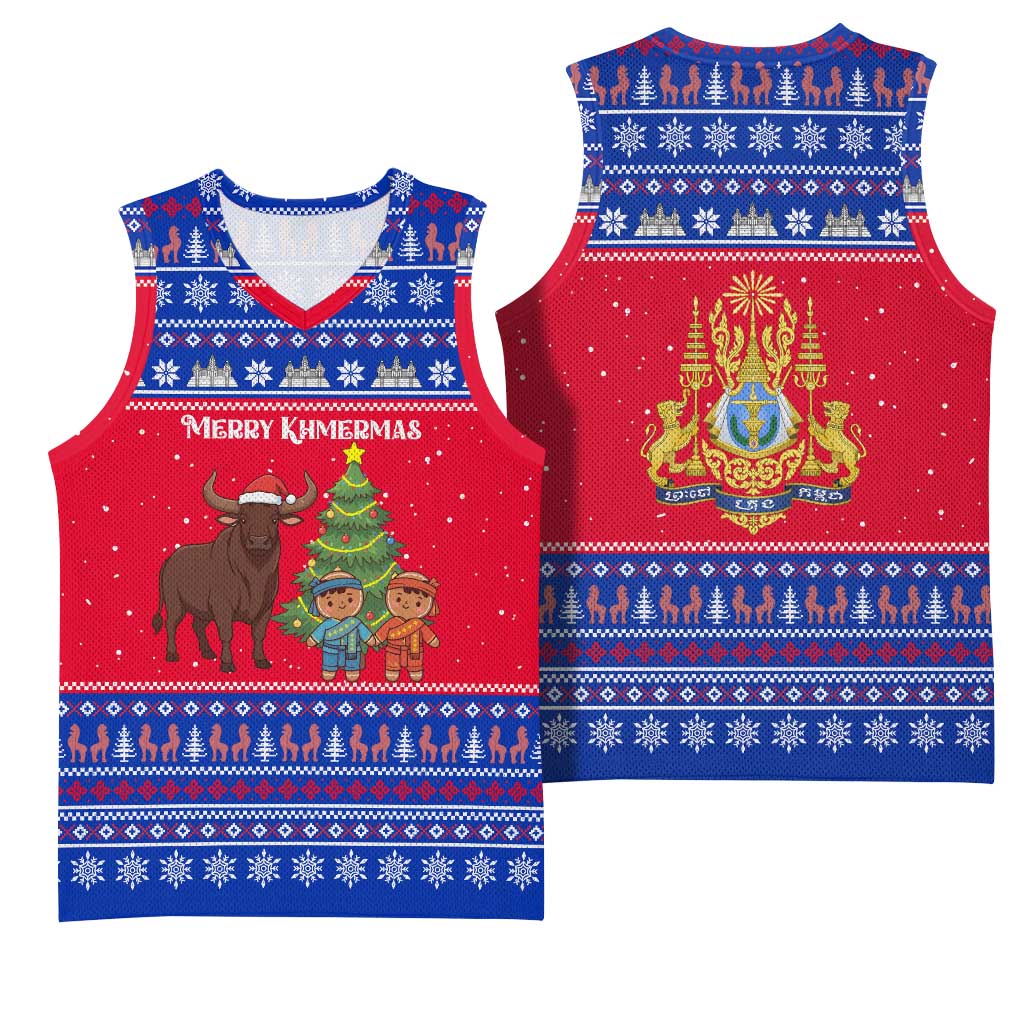 Cambodia Christmas Basketball Jersey with Buffalo Children Holiday Tree Snowflakes and Khmer Pattern Design - Wonder Print Shop