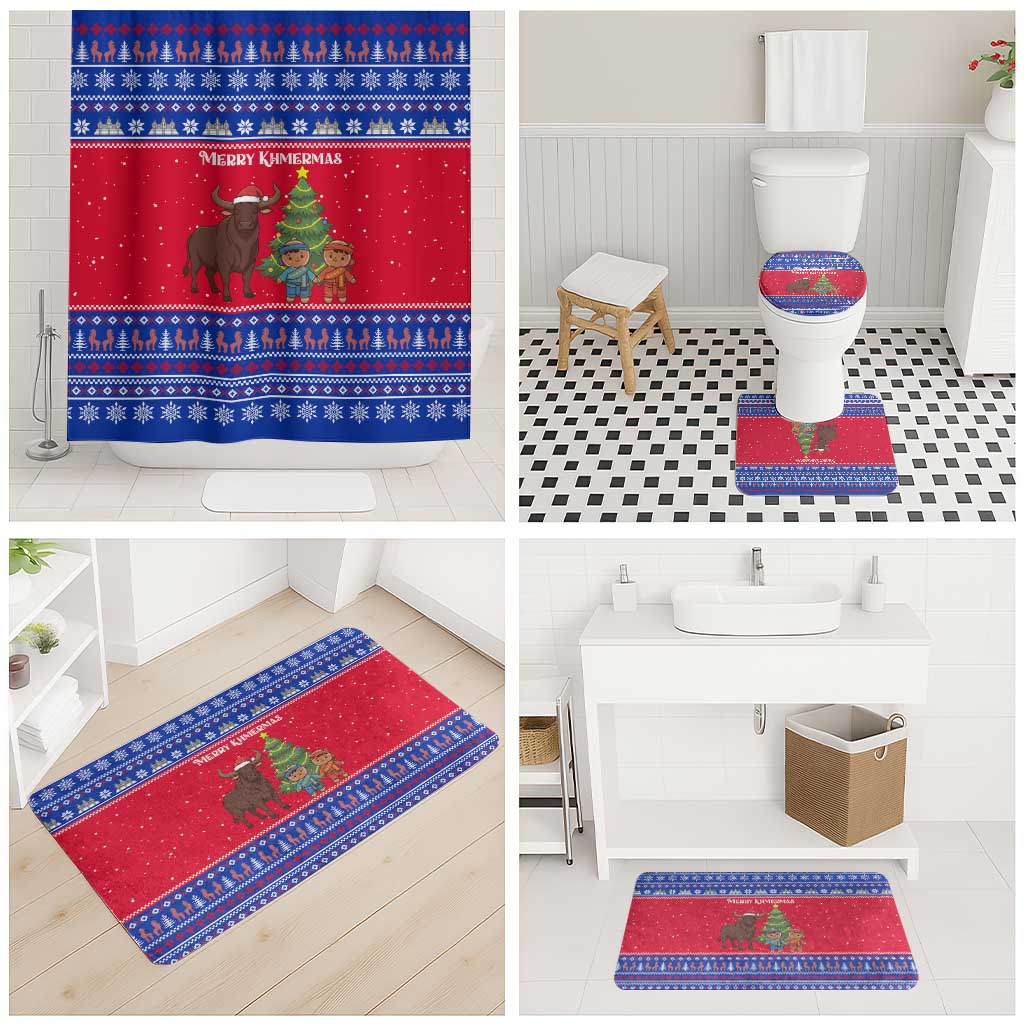 Cambodia Christmas Bathroom Set with Buffalo Children Holiday Tree Snowflakes and Khmer Pattern Design - Wonder Print Shop