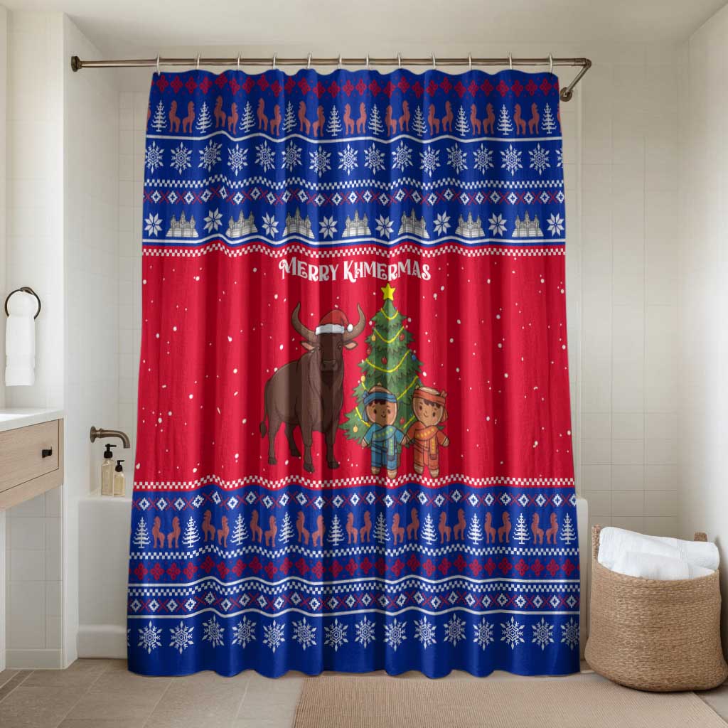 Cambodia Christmas Bathroom Set with Buffalo Children Holiday Tree Snowflakes and Khmer Pattern Design - Wonder Print Shop