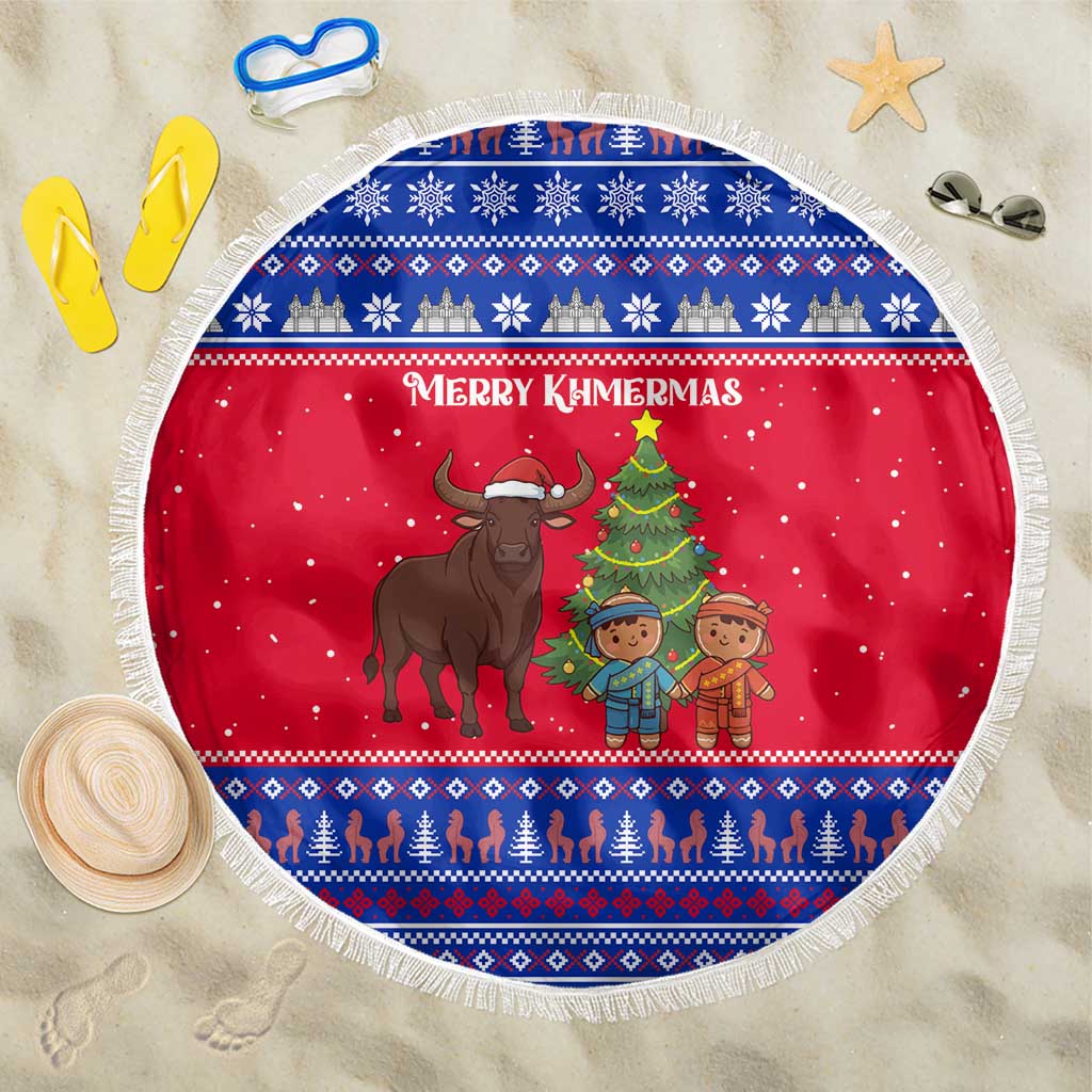 Cambodia Christmas Beach Blanket with Buffalo Children Holiday Tree Snowflakes and Khmer Pattern Design - Wonder Print Shop