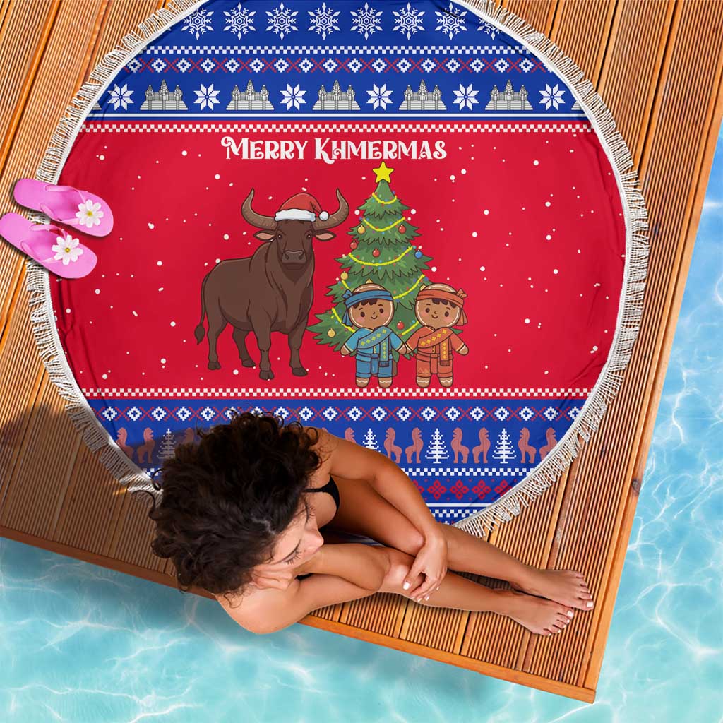 Cambodia Christmas Beach Blanket with Buffalo Children Holiday Tree Snowflakes and Khmer Pattern Design - Wonder Print Shop