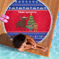 Cambodia Christmas Beach Blanket with Buffalo Children Holiday Tree Snowflakes and Khmer Pattern Design - Wonder Print Shop