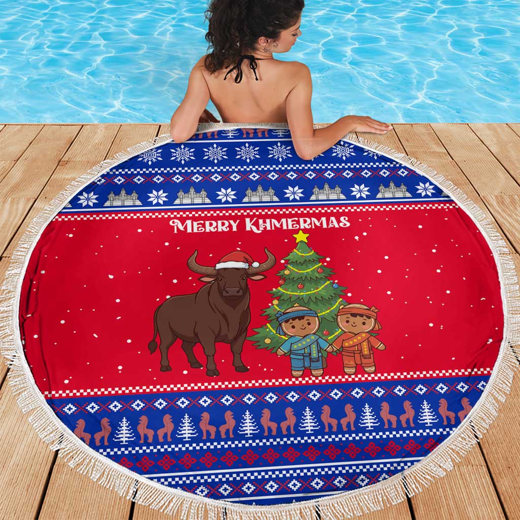 Cambodia Christmas Beach Blanket with Buffalo Children Holiday Tree Snowflakes and Khmer Pattern Design - Wonder Print Shop