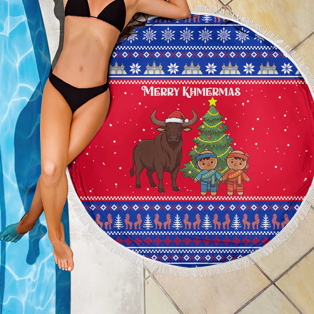 Cambodia Christmas Beach Blanket with Buffalo Children Holiday Tree Snowflakes and Khmer Pattern Design - Wonder Print Shop