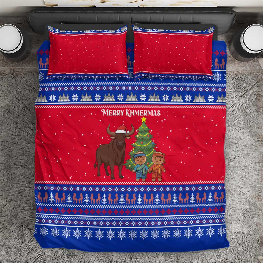 Cambodia Christmas Bedding Set with Buffalo Children Holiday Tree Snowflakes and Khmer Pattern Design - Wonder Print Shop